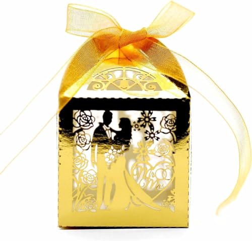 50/100/200 Stück Geschenkboxen for Hochzeit, Bräutigam und Braut, Bänder, Party-Süßigkeiten-Verpackungsbox (Farbe: 1, Größe: 50 Stück_5 x 5 x 8 cm (mit Etiketten)) ((Farbe: 6, S (Farbe: 2, Größe: 50 S von PuLAif