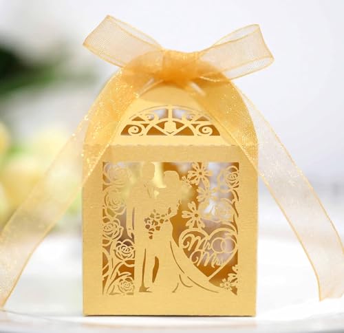 50/100/200 Stück Geschenkboxen for Hochzeit, Bräutigam und Braut, Bänder, Party-Süßigkeiten-Verpackungsbox (Farbe: 1, Größe: 50 Stück_5 x 5 x 8 cm (mit Etiketten)) ((Farbe: 6, S (Farbe: 2, Größe: 50 S von PuLAif