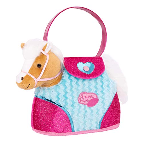 Pucci Pups Kuscheltier Pony beige in Handtasche mit Zubehör – Plüschtier Pferd in blau-Pinker Tasche, Sattel, Zaumzeug – Spielzeug für Kinder ab 2 Jahre, ST8274Z von Pucci Pups