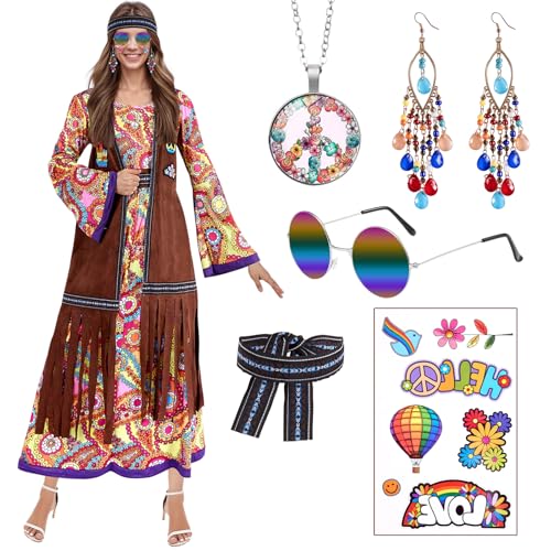 Puddry 60er 70er Jahre Outfit Damen Hippie Kostüm Damen, Faschingskostüme Damen Hippie Kleid und Hippie Accessoires, Disco Outfit Hippie Kleidung Damen Kostüm für Karneval 70er Jahre Motto Party von Puddry