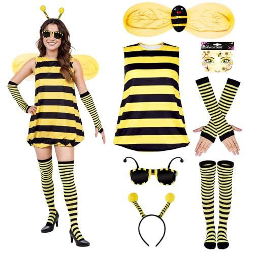 Puddry Bienen Kostüm Damen, Hummel Kostüm Erwachsene, Bienenkostüm Damen Set mit Kleid, Sonnenbrille, Handschuhe, Socken, Flügel, Fühler, Faschingskostüm Damen Lustig Tier Cosplay für Karneval Party von Puddry