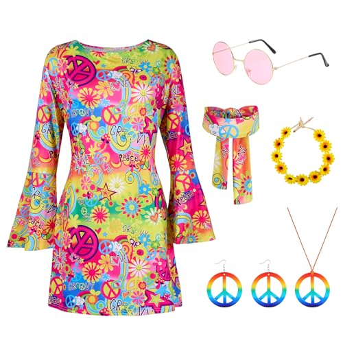 Puddry Hippie Kleid Damen, 70er Jahre Kostüm Damen, Hippie Kostüm Damen Set für Karneval, Hippie Accessoires mit Hippie Brille, Peace Halskette, Ohrringe, Stirnband, 60er 70er Jahre Bekleidung Damen von Puddry