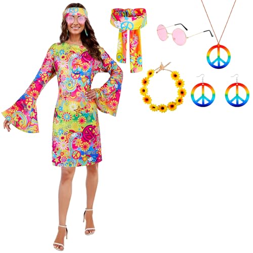 Puddry Hippie Kleid Damen, 70er Jahre Kostüm Damen, Hippie Kostüm Damen Set für Karneval, Hippie Accessoires mit Hippie Brille, Peace Halskette, Ohrringe, Stirnband, 60er 70er Jahre Bekleidung Damen von Puddry