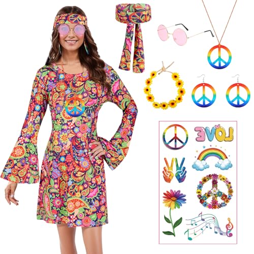 Puddry Hippie Kleid Damen, 70er Jahre Kostüm Damen, Hippie Kostüm Damen Set für Karneval, Hippie Accessoires mit Hippie Brille, Peace Halskette, Ohrringe, Stirnband, 60er 70er Jahre Bekleidung Damen von Puddry