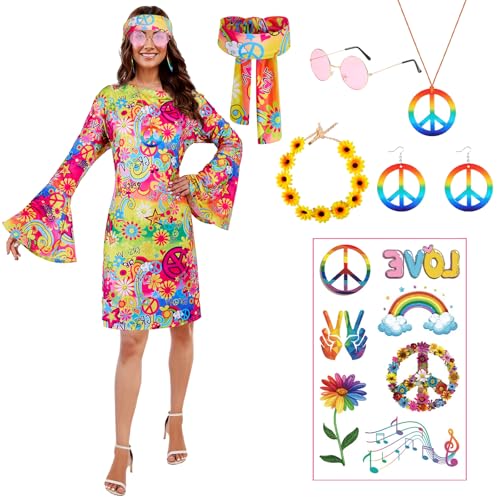 Puddry Hippie Kleid Damen, 70er Jahre Kostüm Damen, Hippie Kostüm Damen Set für Karneval, Hippie Accessoires mit Hippie Brille, Peace Halskette, Ohrringe, Stirnband, 60er 70er Jahre Bekleidung Damen von Puddry