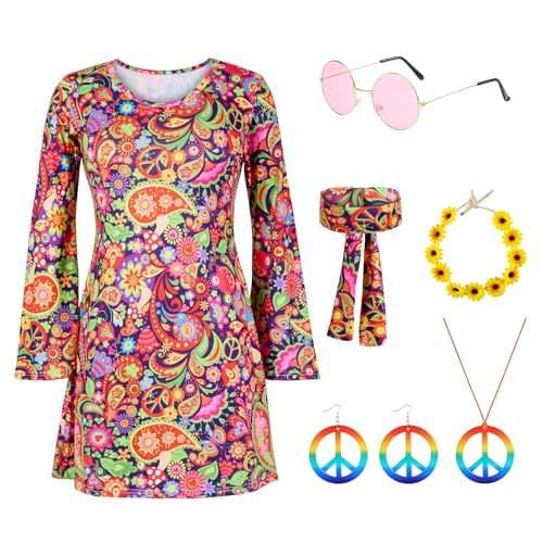 Puddry Hippie Kleid Damen, 70er Jahre Kostüm Damen, Hippie Kostüm Damen Set für Karneval, Hippie Accessoires mit Hippie Brille, Peace Halskette, Ohrringe, Stirnband, 60er 70er Jahre Bekleidung Damen von Puddry