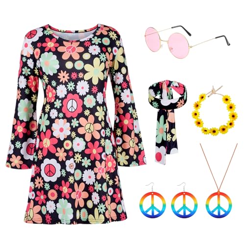 Puddry Hippie Kleid Damen, 70er Jahre Kostüm Damen, Hippie Kostüm Damen Set für Karneval, Hippie Accessoires mit Hippie Brille, Peace Halskette, Ohrringe, Stirnband, 60er 70er Jahre Bekleidung Damen von Puddry