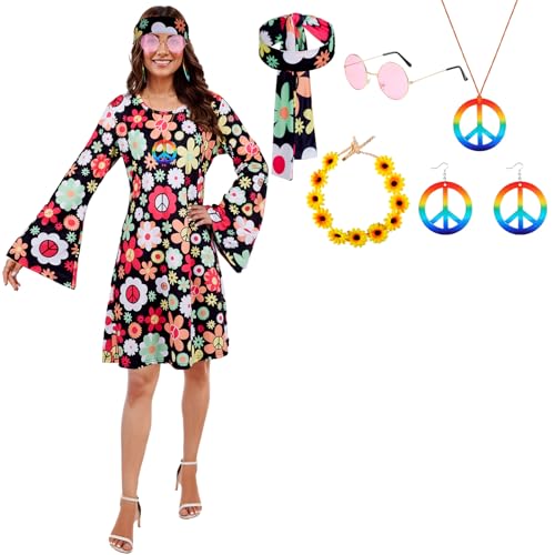 Puddry Hippie Kleid Damen, 70er Jahre Kostüm Damen, Hippie Kostüm Damen Set für Karneval, Hippie Accessoires mit Hippie Brille, Peace Halskette, Ohrringe, Stirnband, 60er 70er Jahre Bekleidung Damen von Puddry