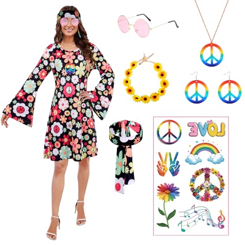 Puddry Hippie Kleid Damen, 70er Jahre Kostüm Damen, Hippie Kostüm Damen Set für Karneval, Hippie Accessoires mit Hippie Brille, Peace Halskette, Ohrringe, Stirnband, 60er 70er Jahre Bekleidung Damen von Puddry