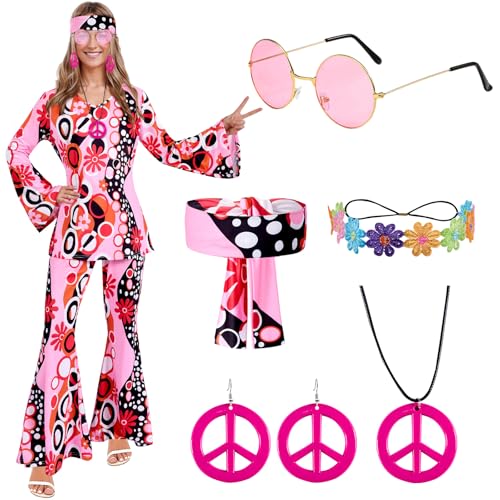 Puddry Hippie Kostüm Damen, 60er 70er Jahre Outfit Damen, 70er Jahre Kostüm Damen, Rose Hippie Kleidung Hippie Hose Hippie Accessoires mit Peace Halskette Ohrringe Stirnband, Karneval Kostüm Damen von Puddry