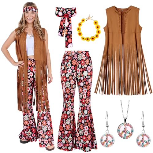 Puddry Hippie Kostüm Damen Set, 60er Jahre outfit 70er Jahre Kostüm Damen, Braun Hippie Weste Damen und Hippie Hose, Hippie Accessoires mit Peace Halskette, Ohrringe, Stirnband, Karneval Kostüm Damen von Puddry