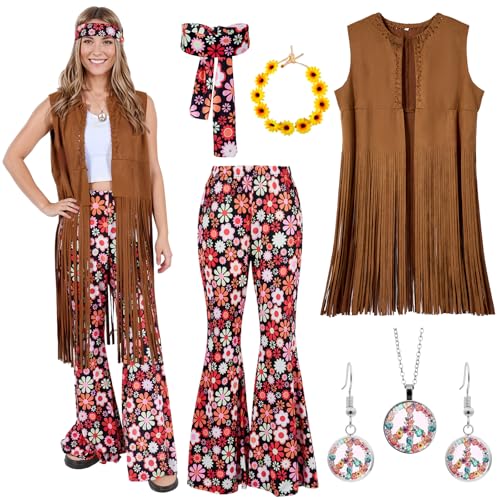 Puddry Hippie Kostüm Damen Set, 60er Jahre outfit 70er Jahre Kostüm Damen, Braun Hippie Weste Damen und Hippie Hose, Hippie Accessoires mit Peace Halskette, Ohrringe, Stirnband, Karneval Kostüm Damen von Puddry