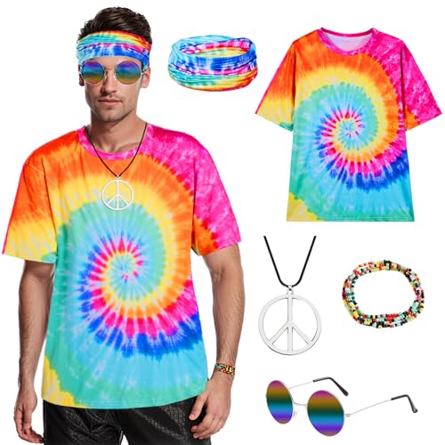 Puddry Hippie Kostüm Herren Damen, 60er 70er 80er Jahre Outfit Herren, 70er Jahre Bekleidung Herren mit Buntes T-Shirt+Peace Kette+Hippie Brille+Stirnband+Armband,Disco Outfit Karneval Fasching Kostüm von Puddry