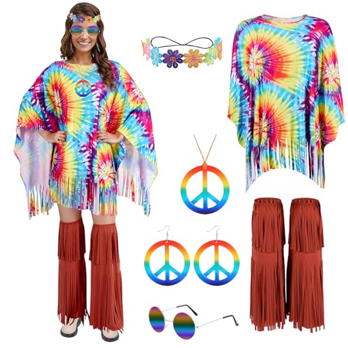 Puddry 60er 70er Hippie Kostüm Damen Set mit Hippie Poncho Damen und Hippie Accessoires, Hippie Kleidung Damen Kostüm,70er Jahre Bekleidung Damen Große, Disco Outfit karneval Fasching Kostüm Damen von Puddry