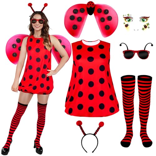 Puddry Marienkäfer Kostüm Damen, Karneval Kostüm Damen Marienkäfer Kostüm Erwachsene mit Kleid, Sonnenbrille, Socken, Flügel, Fühler, Faschingskostüm Damen Lustig Tier Cosplay für Karneval Party von Puddry