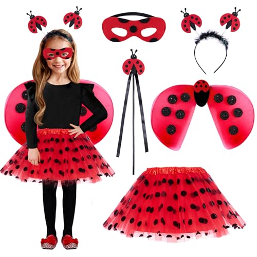 Puddry Marienkäfer Kostüm Kinder, Ladybird Kostüm Mädchen mit Marienkäfer Tutu Rock+Marienkäfer Haarreif+ Marienkäfer Maske+Zauberstab+Marienkäfer Flügel für Faschingskostüme Karneval Halloween von Puddry