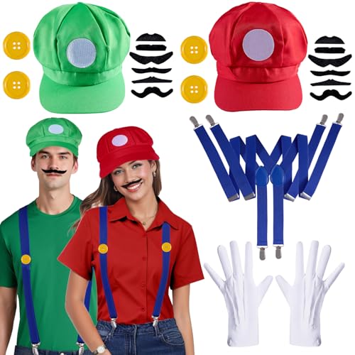 Puddry Mario und Luigi Kostüm, Super Bro Mario und Luigi Mütze, Cosplay Kostüm Accessorie für Faschingkostüme Karneval Halloween Cosplay für Kinder Erwachsene Damen Herren von Puddry