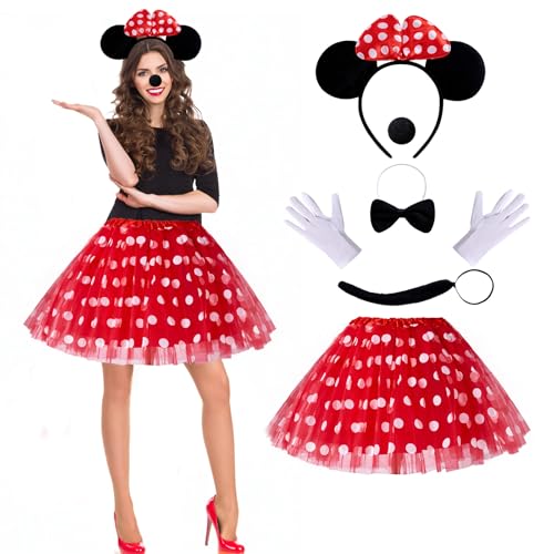 Puddry Minnie Mouse Kostüm Damen,Mini Maus Karneval Kostüm Damen Fasching,Tutu Tüllrock+Micky Maus Ohren+ Handschuhe+Nase+Krawatten+Schwanz Perfekt für faschingskostüme Damen und Halloween Cosplay von Puddry