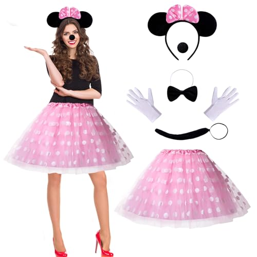 Puddry Minnie Mouse Kostüm Damen,Mini Maus Karneval Kostüm Damen Fasching,Tutu Tüllrock+Micky Maus Ohren+ Handschuhe+Nase+Krawatten+Schwanz Perfekt für faschingskostüme Damen und Halloween Cosplay von Puddry