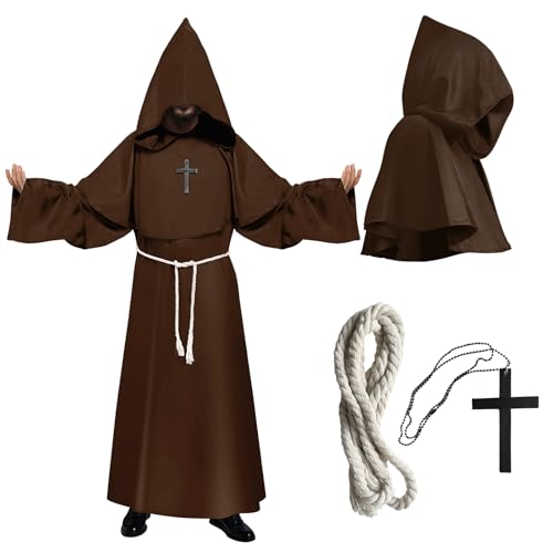 Puddry Mönch Kostüm Halloween Kostüm Herren, Mönch Robe Kostüm Mittelalter Umhang mit Großer Kapuzenumhang Seilgürtel Kreuzhalskette, Unisex Cosplay Mönchskutte Priester Kostüm für Herren Damen von Puddry