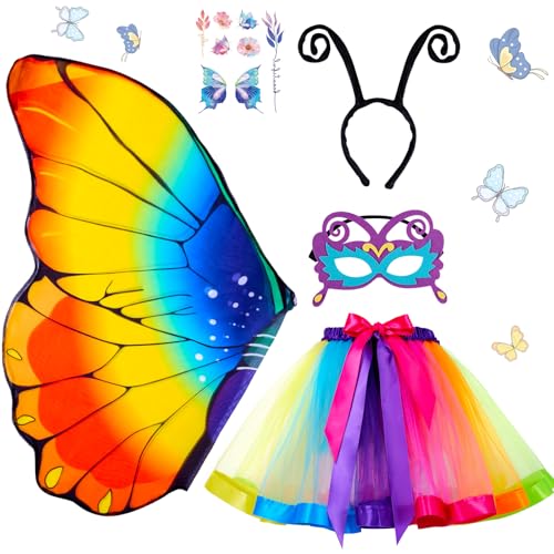 Puddry Schmetterling Kostüm Kinder, Schmetterlingsflügel Kinder mit Maske Tutu Rock Haarreif Tattoos, Tüllrock Mädchen, Verkleidungskiste Kinder Kostüm, für Halloween Karneval Faschingskostüme Kinder von Puddry