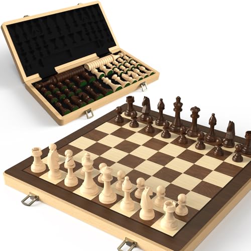 38 cm Holz Klapp-Schach- und Dame-Set, 2-in-1 Brettspiel, 7,6 cm König Staunton Figuren, 2 zusätzliche Damen (Black) von Puecrof