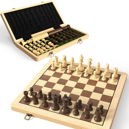 38 cm Holz Klapp-Schach- und Dame-Set, 2-in-1 Brettspiel, 7,6 cm König Staunton Figuren, 2 zusätzliche Damen von Puecrof