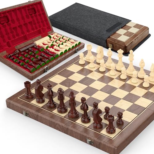 Premium 38 cm Walnuss Magnetisches Schach- und Dame-Set – 2-in-1 Faltbares Holzbrettspiel mit Staunton Figuren, 2 Extra Damen, Spielsteinen und Staubschutzbeutel (Red) von Puecrof