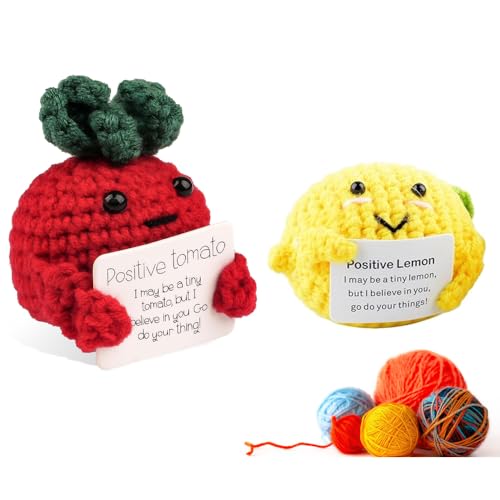 Puedno 2 Stück positive Tomaten und Zitrone, lustige gestrickte positive Tomatenpuppe, inspirierende Wollstrick-Zitrone mit positiver Karte, schönes Geschenk für Freunde Rot, Gelb von Puedno