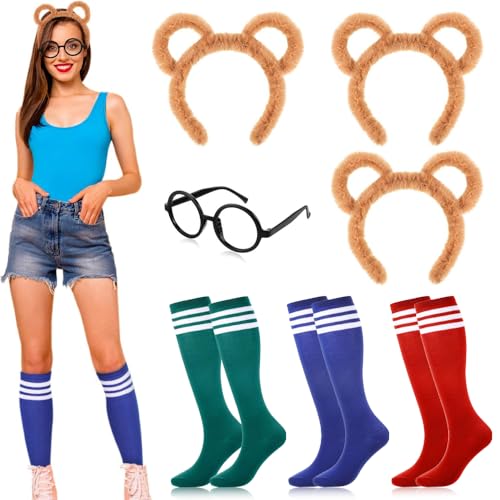 Puedno 7 Stück Streifenhörnchen Kostüme Set, 3 Paar kniehohe Socken 3 Stk Streifenhörnchen Ohren Stirnband und 1 Stk Runde Brille für Erwachsene Teenager von Puedno