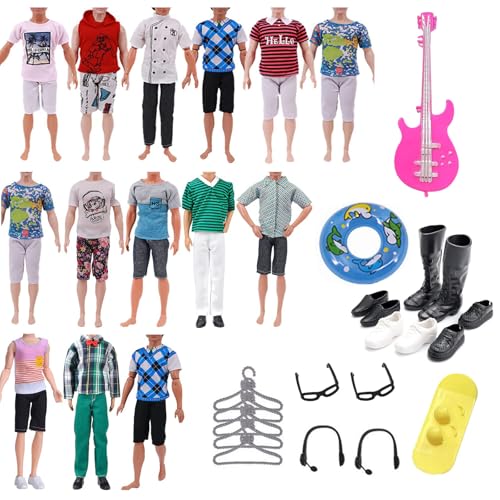 30 Stück Kleidung und Zubehör kompatibel mit Ken Dolls – 5 beiläufige zufällige Kleider-Set, Kleiderbügel, Brille, Schuhe, Schwimmring, Kopfhörer, Gitarre, Skateboard, für Mädchen und Jungen, von Puniama