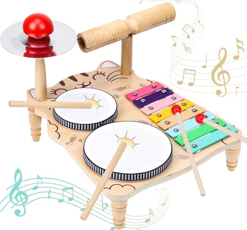 Kinder Schlagzeug Set Mit Xylophon–Musikinstrumente Kinder ab 1 2 3 4 5 Jahren, Trommel Baby für Junge Mädchen im Vorschulalter, Kinderschlagzeug Montessori Spielzeug von Puosike