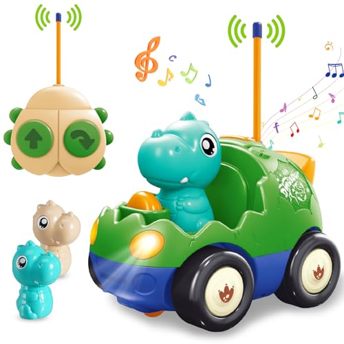 Pup Go Kleinkind Dinosaurier RC Cartoon Auto mit Musik und Lichtern, 2 austauschbare Puppen, Erste Ferngesteuerte Auto für Jungen und Mädchen, 18 Monate Geburtstag Weihnachten von Pup Go