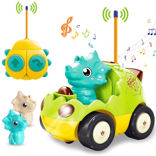 Pup Go Kleinkind Dinosaurier RC Cartoon Auto mit Musik und Lichtern, 2 austauschbare Puppen, Erste Ferngesteuerte Auto für Jungen und Mädchen, 18 Monate Geburtstag Weihnachten von Pup Go