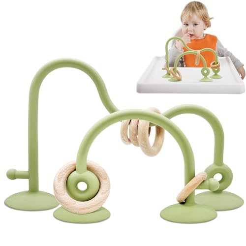 Purphy Saugnapf Spielzeug Baby, Silikon Hochstuhl Spielzeug mit Saugnapf mit Holzring, Baby Spielzeug ab 3 Monate Montessori Spielzeug Motorikspielzeug Baby BPA-Frei Beißspielzeug Baby (Grün) von Purphy