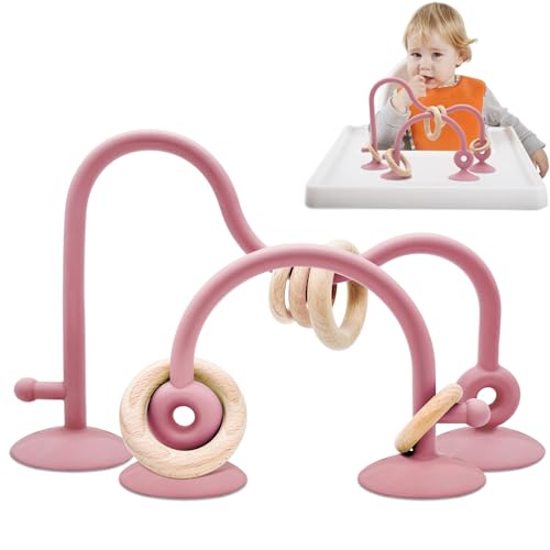 Purphy Saugnapf Spielzeug Baby, Silikon Hochstuhl Spielzeug mit Saugnapf mit Holzring, Baby Spielzeug ab 3 Monate Montessori Spielzeug Motorikspielzeug Baby BPA-Frei Beißspielzeug Baby (Rosa) von Purphy