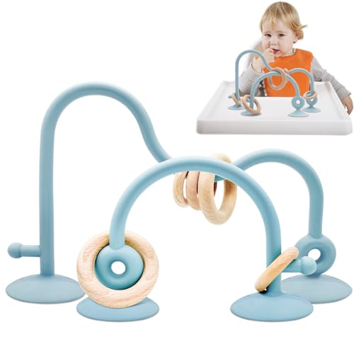 Saugnapf Spielzeug Baby,Purphy Silikon Hochstuhl Spielzeug mit Saugnapf mit Holzring, Baby Spielzeug ab 3 Monate Montessori Spielzeug Motorikspielzeug Baby BPA-Frei Beißspielzeug Baby (Blau) von Purphy