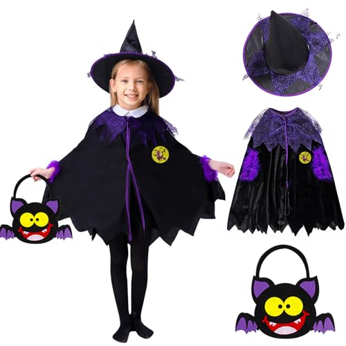 Purpledi Halloween Umhang Kinder, Halloween Kostüm Kinder Mädchen mit Halloween Tüten, Zauberer Umhang Hexen Umhang für Halloween, Fasching, Karneval, Hexenumhang Kind mit Geeignet für Höhe 90-140cm von Purpledi