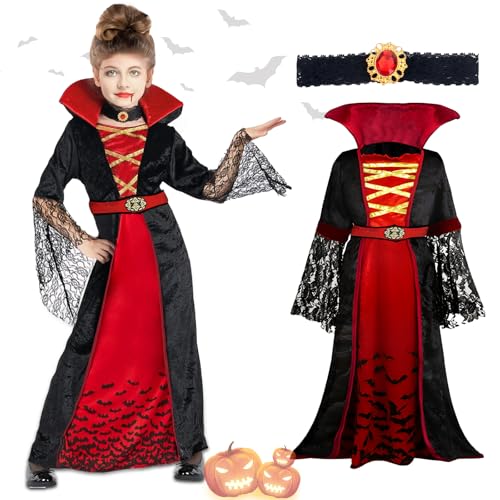 Purpledi Halloween Vampir Kostüm Kinder Mädchen, Vampirkostüm Mädchen, Vampir Kostüm Mädchen Gothic Halloween Kostüm Kleid, Halloweenkostüm für Fasching Cosplay Mottoparty L von Purpledi