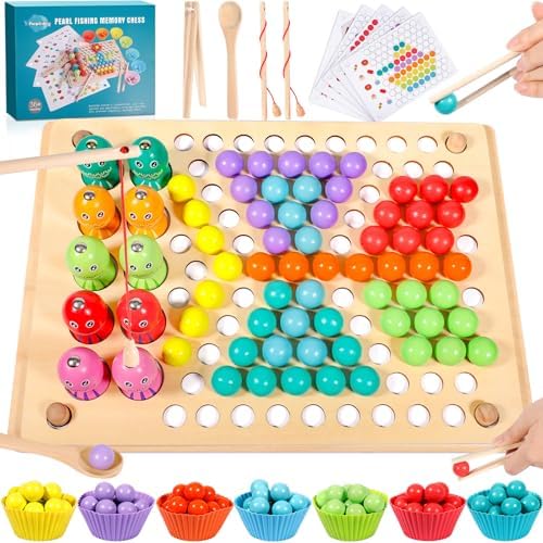 Purpledi Holz Montessori Spielzeug, Clip Perlen Puzzle Brettspiele, Angelspiel Lernspielzeug Magnetisches Fischspielzeug, Kinder Vorschule Farben Sortier Stapelspielzeug für 2 3 4 5 Jahre alt Kinder von Purpledi