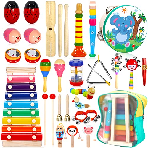 Purpledi 33 Stück Musikinstrumente für Kinder, Holz Percussion Set Schlagzeug Schlagwerk Rhythm Toys, Holzschlaginstrumente für Spiel und Rhythmus, Xylophon, Spielzeug für Kleinkinder ab 3 Jahre von Purpledi