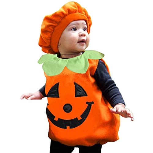 Pursuit-W Halloween Kostüm Baby Kürbis Outfit,Orange Halloween Kürbis Kostüm,Festival Lustig Niedlich Party Fancy Strampler mit Kürbissen Hut, Halloween Baby Cosplay Overall (06-Orange, 9-12 Months) von Pursuit-W