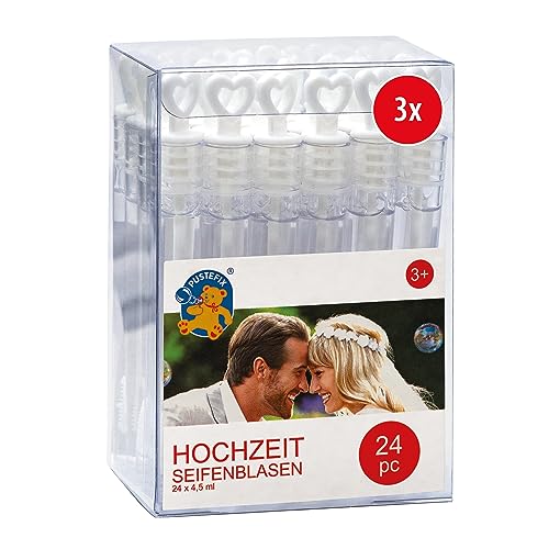 PUSTEFIX Seifenblasen Hochzeit 3X 24 Stück I Bezaubernde Hochzeit Seifenblasen mit Herzgriff I Stylische Gastgeschenke Hochzeit im Reagenzglas Design von Pustefix