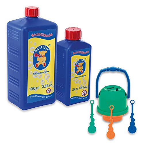 PUSTEFIX Bubble Eimer Verschüttnix + Nachfüllflasche Maxi 1,0 L I Seifenblasen-Eimer + 1000 ml Seifenblasenwasser I Bubbles Made in Germany I Seifenblasen-Spielzeug für Kindergeburtstag & Sommerfest von Pustefix