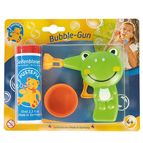 PUSTEFIX Bubble-Gun Frosch I 70 ml Seifenblasenwasser I Seifenblasen Spielzeug Made in Germany I Pistole für Kindergeburtstag, Hochzeit, Sommerparty & als Gastgeschenk I Spaß für Kinder & Erwachsene von Pustefix