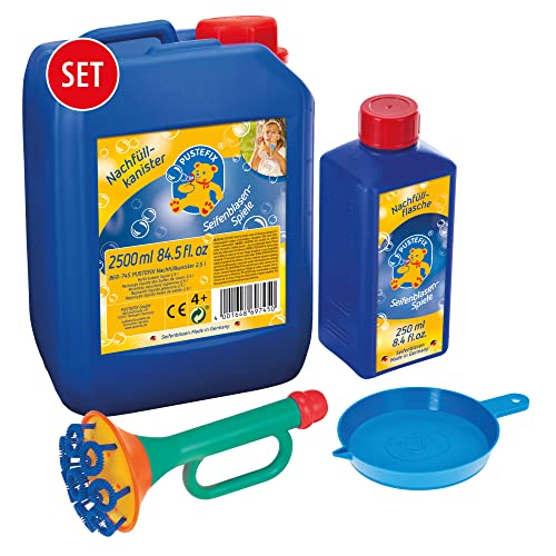 PUSTEFIX Multi-Bubble-Trompete + Seifenblasenwasser Nachfüllkanister 2,5 L I Bunte Bubbles Made in Germany I Seifenblasen Spielzeug für Kindergeburtstag, Hochzeit I Spaß für Kinder & Erwachsene von Pustefix