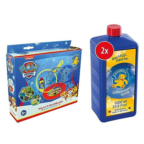 PUSTEFIX Multi-Bubbler PAW Patrol 250ml I Seifenblasen Kinder Set mit 2 Ringen für Kindergeburtstag UVM. I Große Seifenblasen + 2X Seifenblasen Nachfüllflasche Maxi 1L von Pustefix