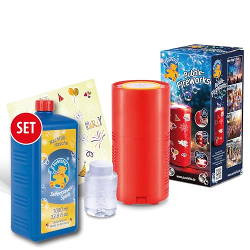 PUSTEFIX Seifenblasenmaschine Bubble Fireworks & 1L Nachfüllflasche I Seifenblasen Kinder Set mit Seifenblasen Flüssigkeit I Bubble Spaß für Silvester von Pustefix