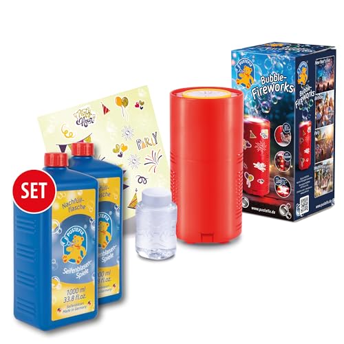 PUSTEFIX Seifenblasenmaschine Bubble Fireworks & 2 x 1L Nachfüllflasche I Seifenblasen Kinder Set mit Seifenblasen Flüssigkeit I Spaß an Silvester von Pustefix