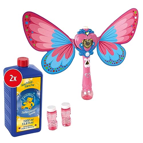 PUSTEFIX Zauberstab Butterfly I Seifenblasen Stab mit 2X Nachfüllflasche Maxi 1L I Mit Ventilator, Licht & Soundeffekten I Leicht abnehmbare Flügel von Pustefix